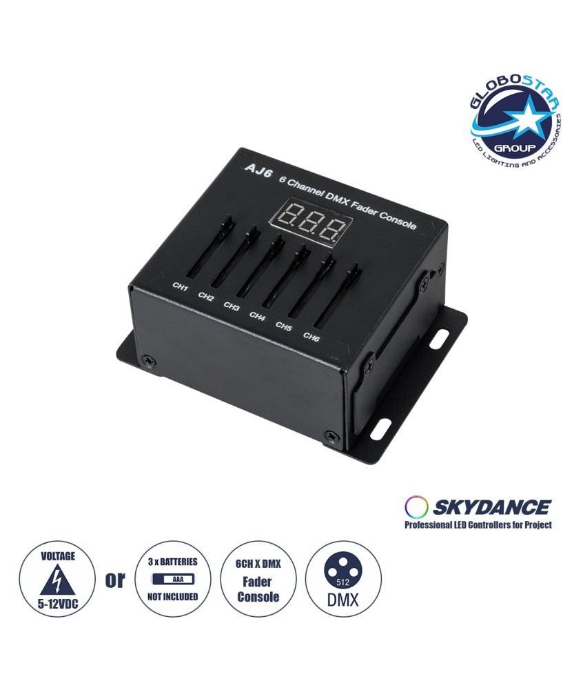 GloboStar® 70675 AJ6 SKYDANCE DMX 6 Channel Fader Console - Κονσόλα Φωτισμού 6 Καναλιών DMX DC 5-12V ή 3 x AAA Μπαταρίες - IP20 Μ10 x Π7 x Υ4cm - 5 Years Warranty